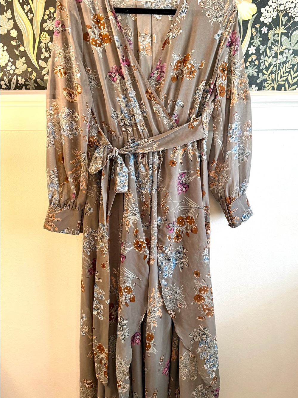 Gray Floral Boho Wrap Style Maxi Dress with Tie Waist